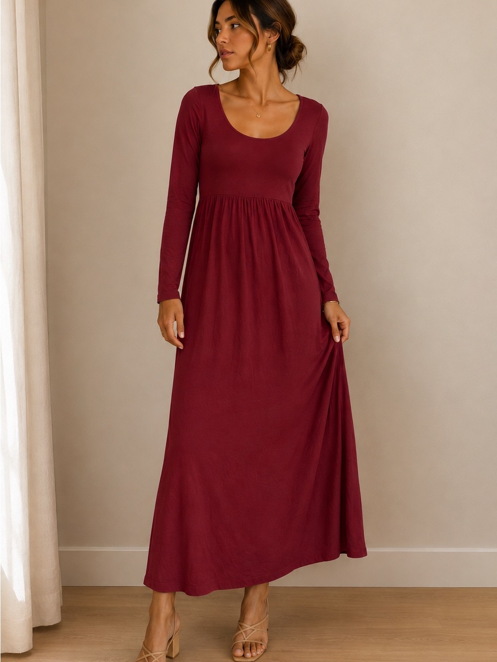Comfortable Long Sleeve Scoop Neck Maxi Dress - Red